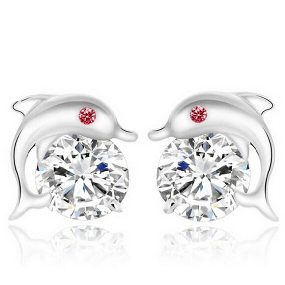 925 Silver Red Eye Dolphin Zircon Stud Earrings for Women, FB16FA1012 - Picture 1 of 1